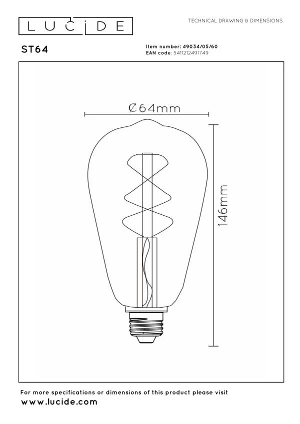 Lucide ST64 - Ampoule filament - Ø 6,4 cm - LED Dim. - E27 - 1x4,9W 2700K - Transparent - technique